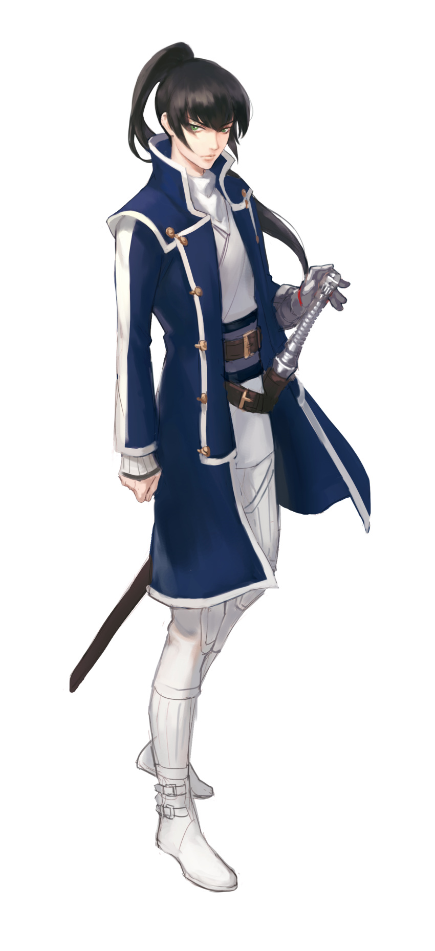 1boy absurdres arm_at_side belt black_hair clenched_hand coat commentary_request flynn_(megami_tensei) full_body gloves green_eyes highres long_hair looking_at_viewer male_focus ponytail qingxingzhen sheath sheathed shin_megami_tensei shin_megami_tensei_iv simple_background single_glove solo standing sword weapon white_background white_footwear white_gloves white_legwear