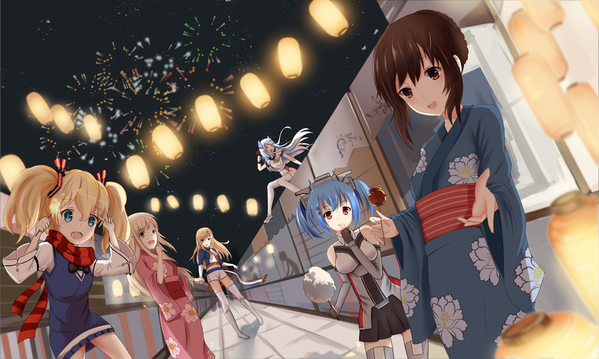 akagi festival fireworks food glowworm group japanese_clothes kimono le_fantasque lexington night prinz_eugen richelieu seifuku tagme_(artist) warship_girls