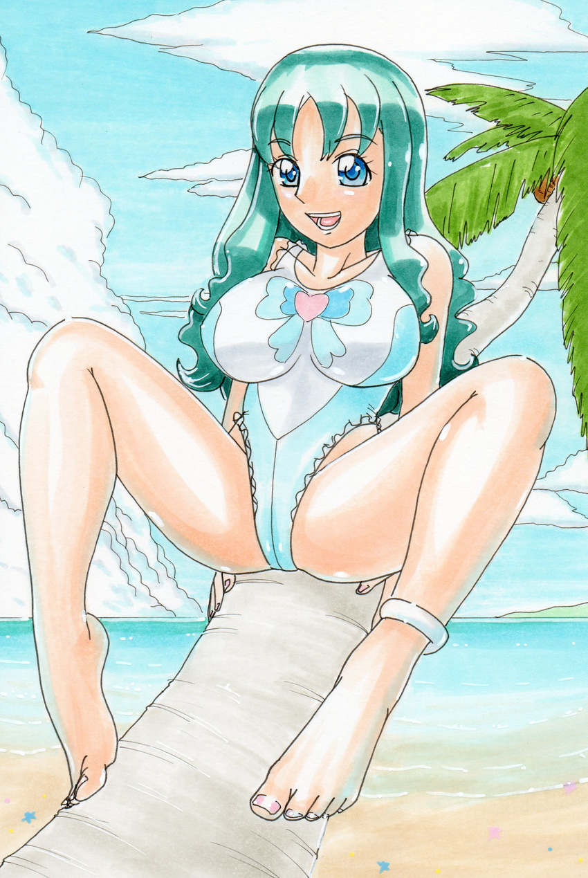 absurdres aged_up anklet bad_id bad_pixiv_id barefoot beach blue_eyes blue_hair blue_sky breasts brooch casual_one-piece_swimsuit cloud day female hayami_jin heart heart_brooch heartcatch_precure! highleg highleg_swimsuit highres jewelry kurumi_erika large_breasts long_hair one-piece_swimsuit open_mouth palm_tree precure sand sky smile solo swimsuit traditional_media tree water