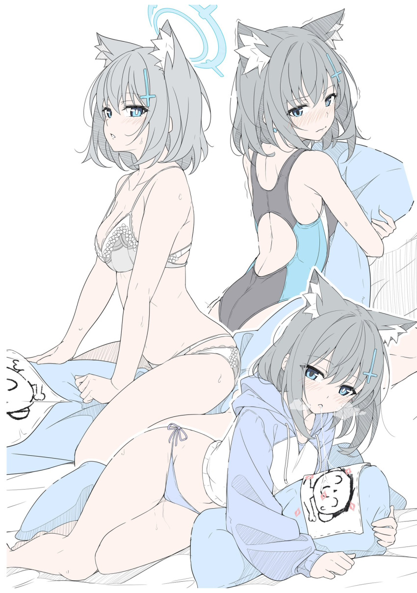 animal_ears black_one-piece_swimsuit blue_archive blue_eyes blue_halo blue_one-piece_swimsuit blush bra commentary cross cross_hair_ornament doodle_sensei_(blue_archive) female grey_hair hair_between_eyes hair_ornament halo highres inverted_cross looking_at_viewer lying mismatched_pupils multicolored_clothes multicolored_swimsuit multiple_views on_side one-piece_swimsuit panties saliva saliva_trail sensei_(blue_archive) shiroko_(blue_archive) shiroko_(swimsuit)_(blue_archive) short_hair simple_background swimsuit symbol-only_commentary t1kosewad underwear underwear_only white_background white_bra white_panties wolf_ears wolf_girl