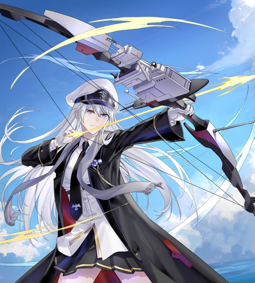 absurdres azur_lane black_coat black_necktie black_skirt blue_sky bow_(weapon) cloud cloudy_sky coat collared_shirt compound_bow cowboy_shot day drawing_bow energy_arrow english_commentary enterprise_(azur_lane) enterprise_(soaring_wings_of_freedom)_(azur_lane) female floating_hair grey_scarf hat highres holding holding_bow_(weapon) holding_weapon long_hair long_sleeves miniskirt necktie official_alternate_costume open_clothes open_coat outdoors peaked_cap pleated_skirt purple_eyes scarf shirt skirt sky solo suprii weapon white_hair white_hat white_shirt