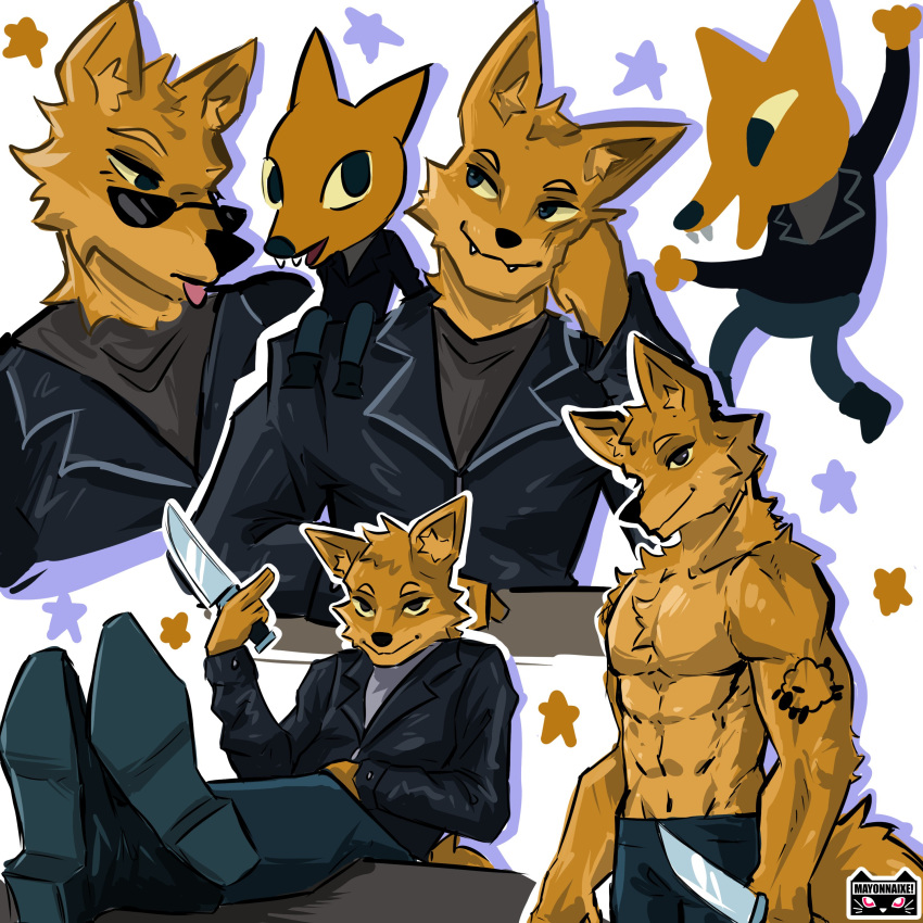 abs absurd_res anthro canid canine clothed clothing eyewear fox gregg_lee hi_res knife lumii male mammal multiple_poses muscular muscular_male night_in_the_woods pecs pose solo sunglasses tongue tongue_out topless