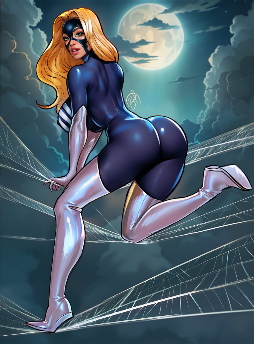 absurdres ass black_bodysuit black_mask blonde_hair bodysuit boots breasts brian_miroglio cloud female full_moon gloves green_eyes highres large_breasts long_hair looking_at_viewer marvel moon night outdoors signature silk solo spider-man_(series) spider-woman spider_web thigh_boots white_footwear white_gloves