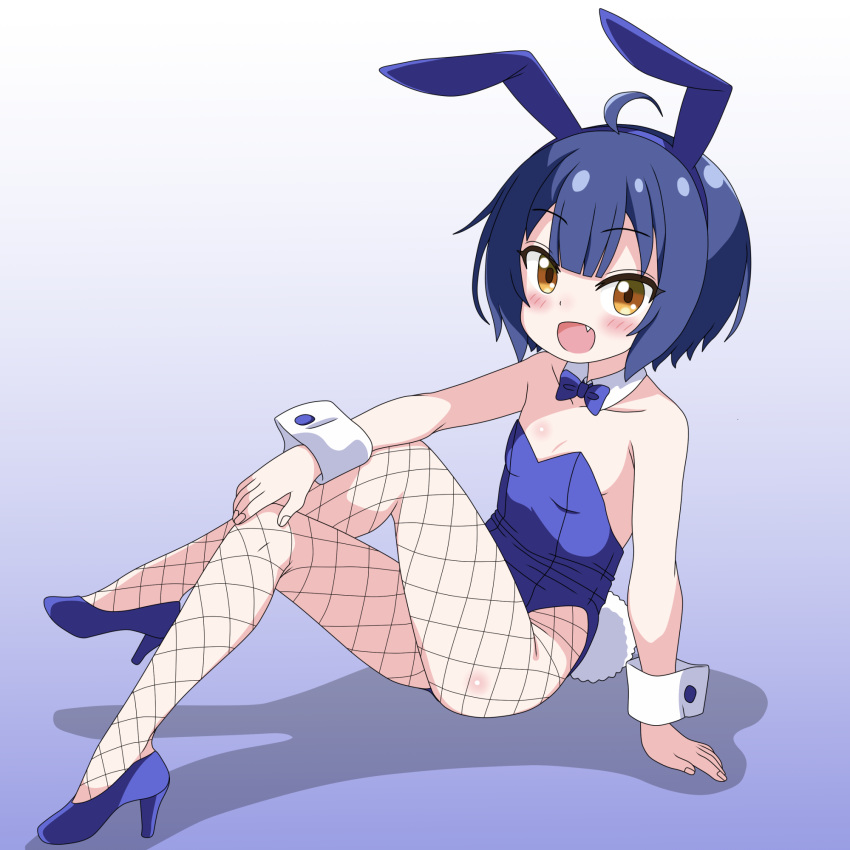 ahoge animal_ears blue_background blue_footwear blue_hair blue_leotard bow bowtie brown_eyes crossed_legs detached_collar fishnet_pantyhose fishnets flat_chest full_body gochuumon_wa_usagi_desu_ka? gradient_background high_heels highres jouga_maya leotard oerba_yun_fang open_mouth pantyhose playboy_bunny rabbit_ears rabbit_tail sakuzo short_hair smile strapless strapless_leotard tail white_background wrist_cuffs