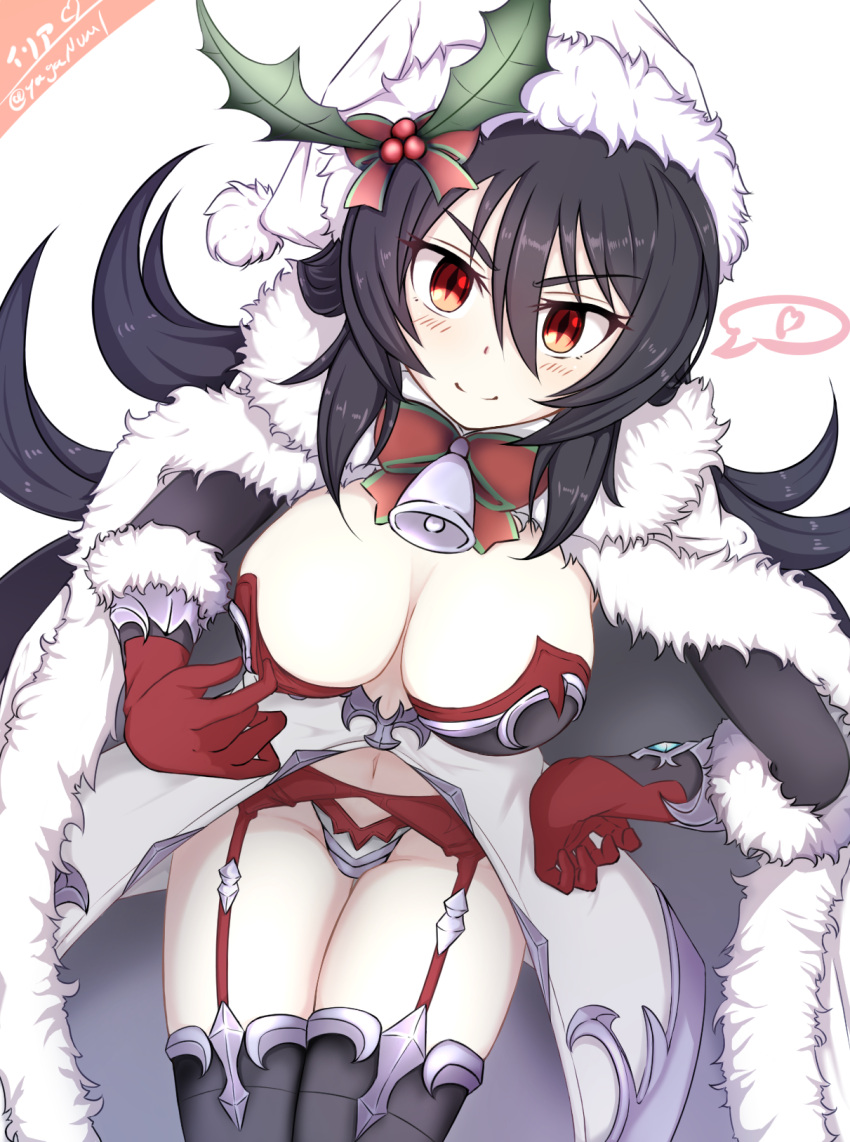 armor bikini_armor black_hair breasts cape christmas cleavage cloak female fur-trimmed_cape fur-trimmed_cloak fur-trimmed_gloves fur-trimmed_headwear fur_trim gloves hair_ornament hanehituzi4410 hat highres holly holly_hair_ornament illya_(christmas)_(princess_connect!) illya_(princess_connect!) large_breasts layered_gloves naked_cloak official_alternate_costume princess_connect! red_eyes red_garter_belt red_garter_straps red_gloves santa_hat solo white_cape white_cloak white_hat