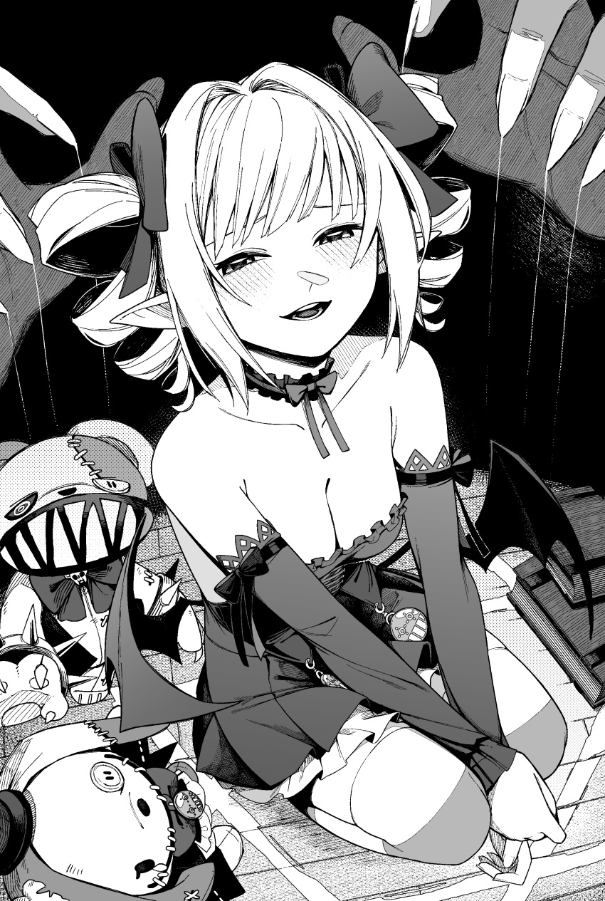 a:n_(angrynum) absurdres blush book breasts choker cleavage collarbone commentary commission detached_sleeves dress drill_hair english_commentary female frilled_choker frills highres looking_at_viewer medium_hair monochrome open_mouth original pixiv_commission sidelocks sitting small_breasts solo stuffed_toy twin_drills wooden_floor