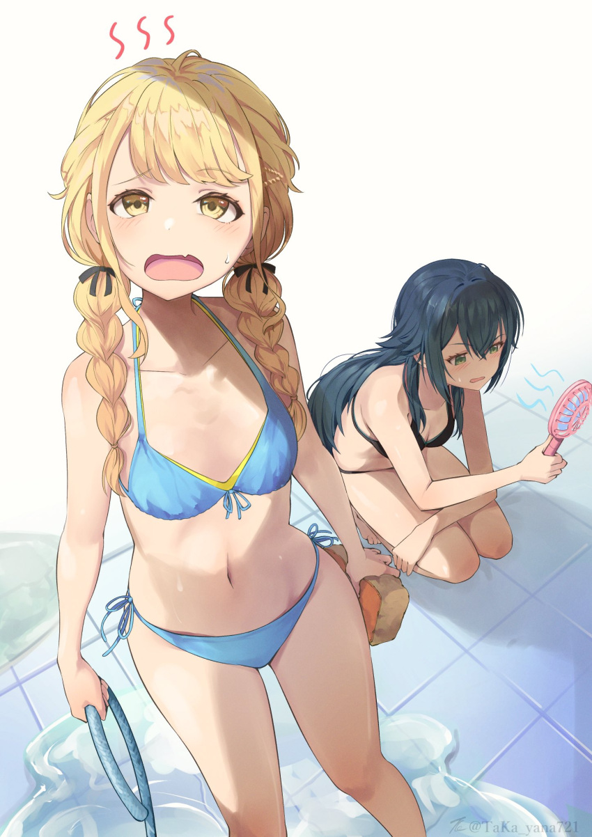 2girls bare_arms bare_shoulders barefoot bikini black_bikini black_ribbon blonde_hair blue_bikini blush breasts collarbone commentary feet_out_of_frame fujita_kotone gakuen_idolmaster green_eyes green_hair hair_ribbon handheld_electric_fan highres holding holding_hose holding_sponge hose idolmaster layered_bikini long_hair low_twintails multiple_girls navel oerba_yun_fang open_mouth ribbon skin_fang small_breasts sponge squatting standing stomach swimsuit taka.yana tsukimura_temari twintails twitter_username water yellow_bikini yellow_eyes