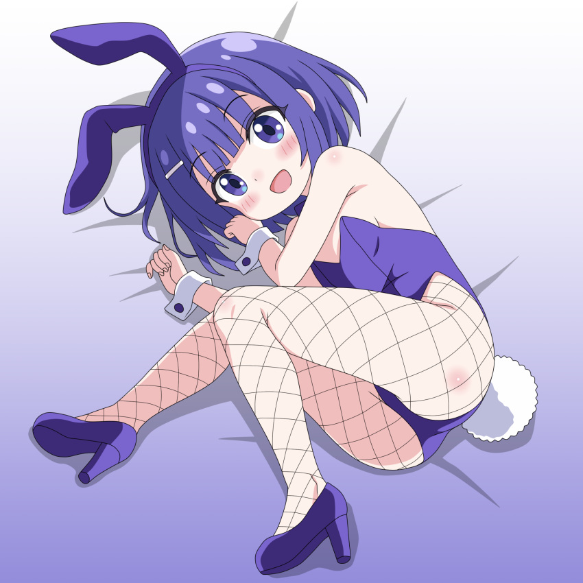 animal_ears blue_eyes blue_hair blue_leotard blue_shirt female fishnet_pantyhose fishnets flat_chest fuiba_fuyu gochuumon_wa_usagi_desu_ka? high_heels highres leotard looking_at_viewer lying on_side pantyhose playboy_bunny rabbit_ears rabbit_tail sakuzo shirt short_hair smile solo strapless strapless_leotard tail wrist_cuffs