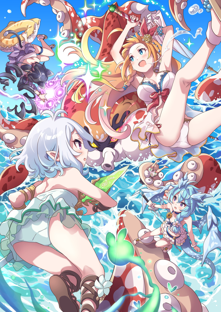 4girls absurdres animal_ears antenna_hair arm_tattoo armlet arms_up ass asymmetrical_hair babydoll bead_bracelet beads bikini black_hair blue_eyes blue_hair blue_sky blue_wings bow bracelet braid braided_ponytail breasts brown_footwear casual_one-piece_swimsuit cat_ears cat_girl cat_tail crystal_horns crystal_wings dragon_girl dragon_horns dragon_tail dragon_wings drooling elf fighting_in_air flower frilled_bikini frilled_one-piece_swimsuit frills from_behind from_below front-tie_bikini_top front-tie_top green_one-piece_swimsuit hair_flower hair_ornament hair_over_shoulder highres holding holding_sword holding_umbrella holding_weapon horns ice ice_wings innertube_with_ears jewelry karyl_(princess_connect!) karyl_(summer)_(princess_connect!) kokkoro_(princess_connect!) kokkoro_(summer)_(princess_connect!) large_breasts long_hair low_twintails magic multiple_girls ocean octopus one-piece_swimsuit open_mouth orange_hair pecorine_(princess_connect!) pecorine_(summer)_(princess_connect!) pointy_ears princess_connect! purple_eyes red_bow rose sandals sheffy_(princess_connect!) side_braid single_braid sky small_breasts swim_ring swimsuit swimsuit_skirt sword tail tattoo thigh_strap tsukachii twintails umbrella upside-down very_long_hair water weapon white_bikini white_hair wings yellow_flower yellow_rose