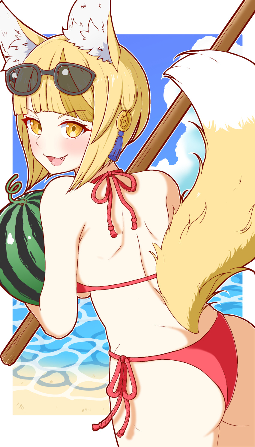 absurdres alternate_costume amagumo1023 animal_ears beach bikini blonde_hair breasts female fire_emblem fire_emblem_fates food fox_ears fox_girl fox_tail fruit highres kitsune multicolored_hair ocean outdoors red_bikini selkie_(fire_emblem) small_breasts streaked_hair sunglasses swimsuit tail two-tone_hair water watermelon yellow_eyes