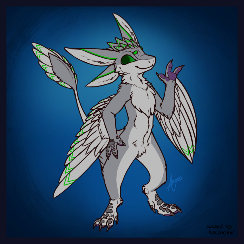 1:1 3_fingers 4_ears anthro ardeo avali blue_border border declawed feathered_skirt feathered_wings feathers fingers fluffy fluffy_chest hi_res kalakian kalakian_(artist) male multi_ear solo tail tail_fan tail_feathers third-party_edit wings