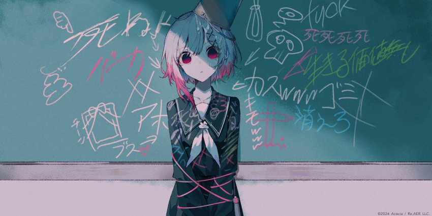 black_serafuku black_shirt black_skirt bound bucket bucket_on_head bullying chalkboard classroom closed_mouth commentary_request cowboy_shot drawing_(object) empty_eyes expressionless female grey_hair hair_ornament highres indoors long_sleeves looking_at_viewer mahou_shoujo_no_majo_saiban multicolored_hair neckerchief noose object_on_head official_art pink_eyes pink_hair pleated_skirt sakuraba_ema school_uniform second-party_source serafuku shirt short_hair skirt solo standing tied_up_(nonsexual) translation_request umemaro_(siona0908) white_hair white_neckerchief x_hair_ornament