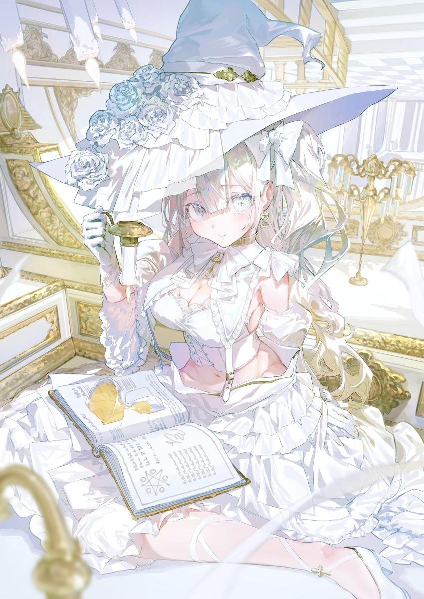 absurdres book bow breasts candle chandelier cleavage detached_sleeves dress earrings female flower frilled_skirt frills gloves grimoire hat highres holding holding_candle hourglass jewelry lace-trimmed_gloves lace_trim long_hair making-of_available negimapurinn original rose single_earring skirt through_medium through_page upside-down_background white_bow white_eyes white_flower white_gloves white_hair white_rose witch witch_hat