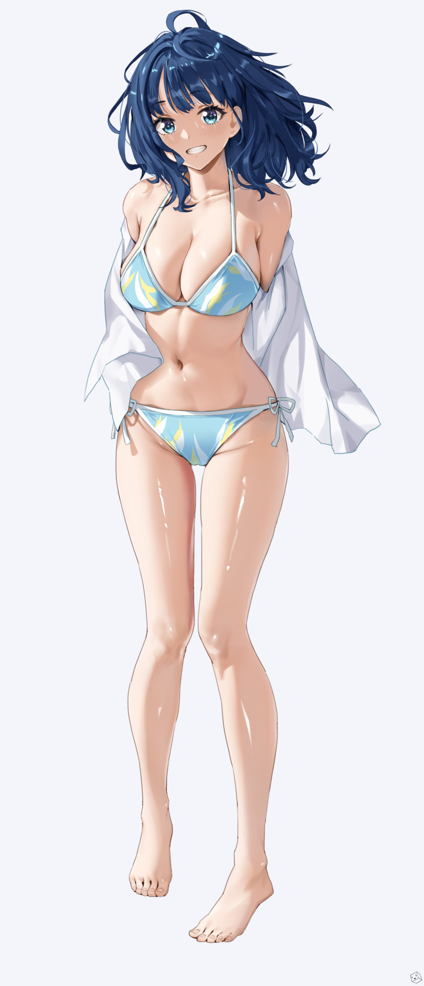 absurdres armpit_crease arms_behind_back bare_legs barefoot bikini blue_bikini blue_eyes blue_hair breasts cleavage commentary feet female floating_hair full_body grin halterneck highres jacket kuuhaku_(pskf2372) large_breasts legs light_blush long_hair looking_at_viewer make_heroine_ga_oo_sugiru! navel off_shoulder open_clothes open_jacket side-tie_bikini_bottom simple_background smile solo standing stomach swimsuit tachi-e toes water_drop white_background white_jacket yanami_anna