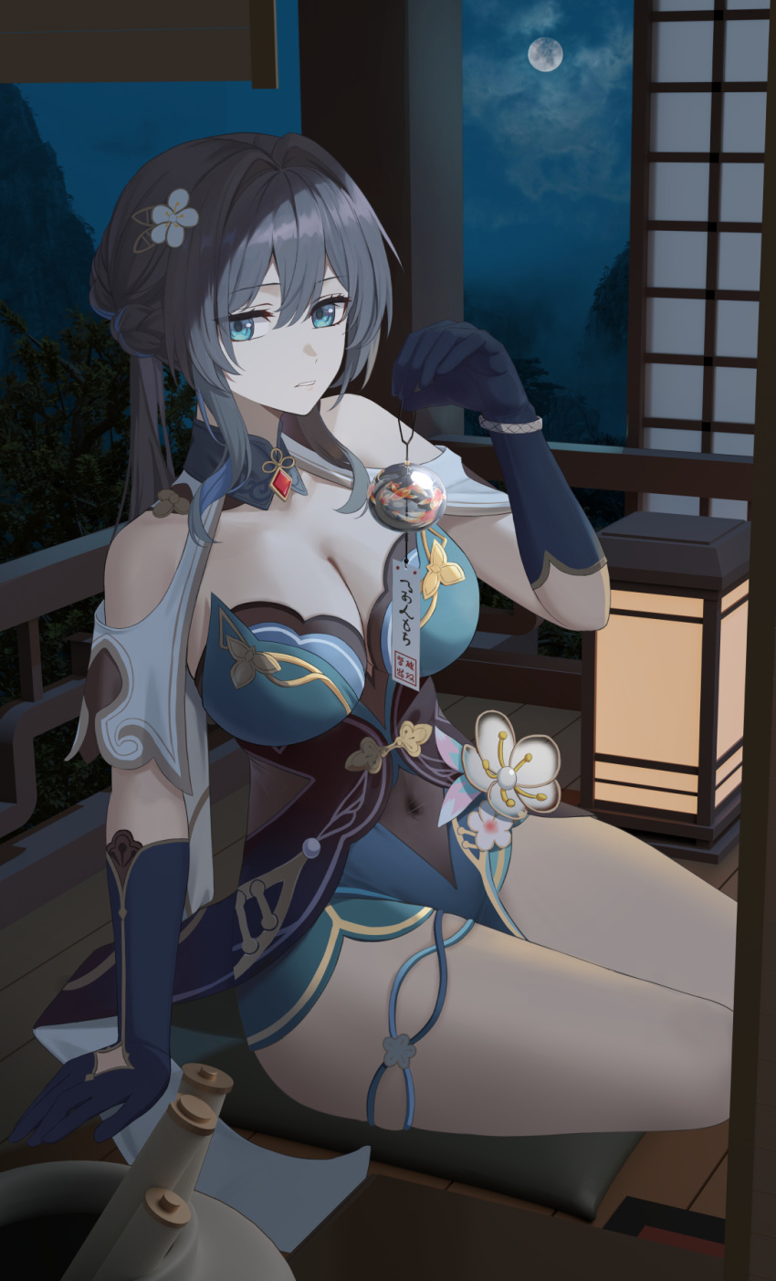 bare_shoulders black_hair blue_eyes breasts cleavage clothing_cutout covered_navel dress elbow_gloves female full_moon gaitoou gloves green_dress green_gloves hair_ornament highres holding honkai:_star_rail honkai_(series) large_breasts long_sleeves moon night parted_lips ruan_mei_(honkai:_star_rail) shoulder_cutout sitting solo thighs