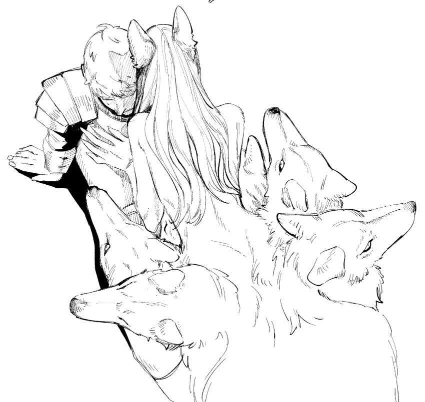 1boy animal_ears commentary_request cowgirl_position dungeon_meshi female from_above greyscale hakomiso laios_touden marcille_donato marcille_donato_(scylla) monochrome monster_girl multiple_heads nude simple_background taur wolf wolf_ears