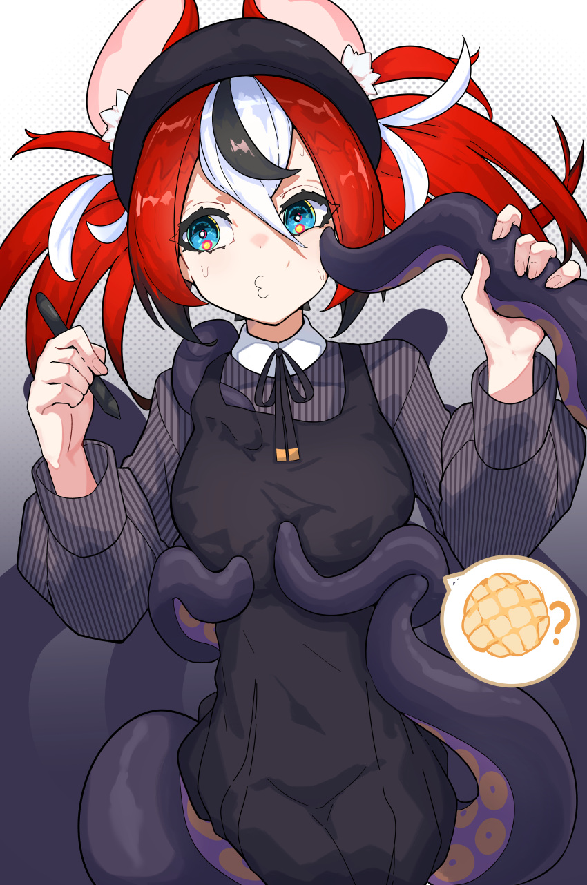 absurdres animal_ears beret blue_eyes bread breast_padding cosplay female food hakos_baelz hat highres holding holding_stylus hololive hololive_english melon_bread mouse_ears multicolored_hair ninomae_ina'nis ninomae_ina'nis_(casual) ninomae_ina'nis_(cosplay) o3o red_hair rlus spoken_food streaked_hair striped_clothes stylus sweat tentacle tentacles_under_clothes twintails uneven_twintails virtual_youtuber