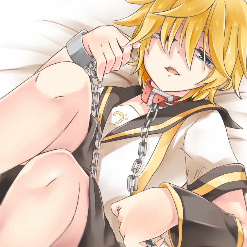 1boy animal bass_clef black_pants black_sleeve_cuffs blonde_hair blue_eyes chains collar commentary_request cuffs cuffs-to-collar detached_sleeves half-closed_eyes kagamine_len looking_at_viewer lying on_back open_mouth pants red_collar sailor_collar sailor_shirt shirt short_hair short_sleeves shorts sleeve_cuffs vocaloid white_shirt yasuko_ame