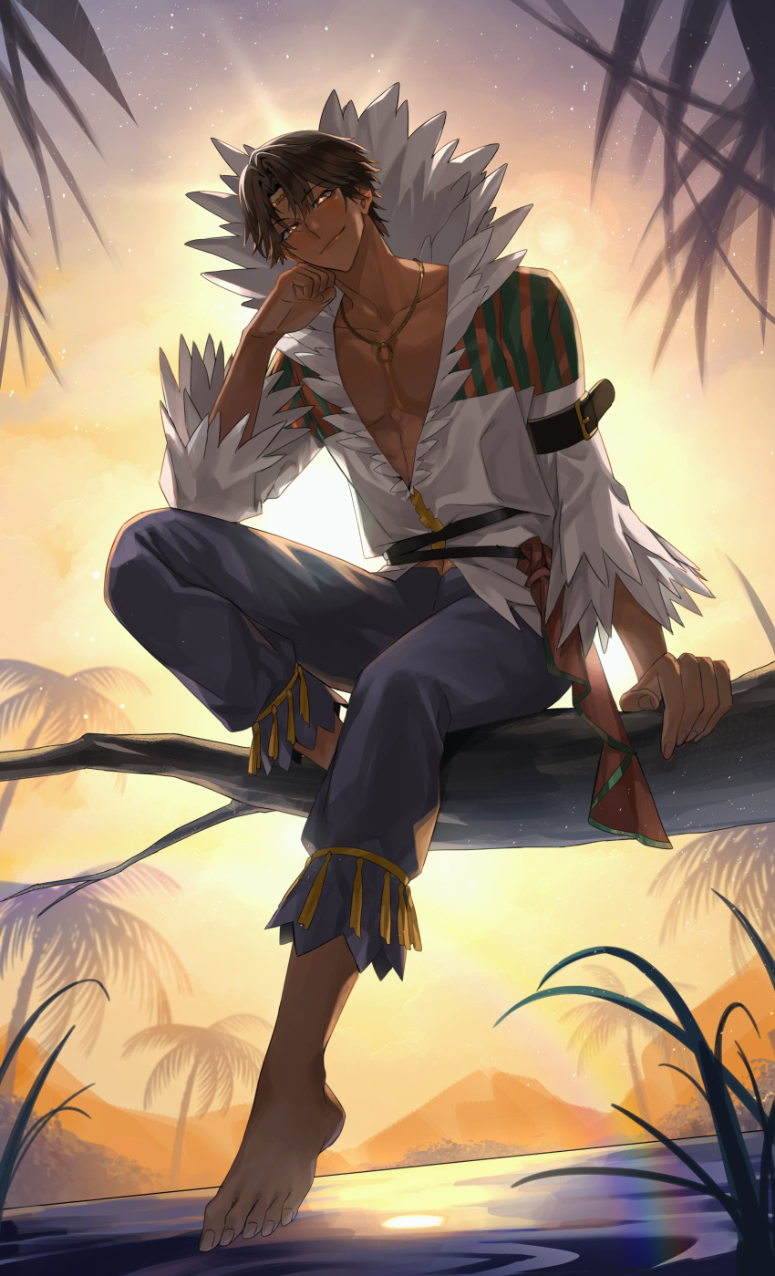 1boy absurdres barefoot brown_hair cdgm000 circlet dark-skinned_male dark_skin feather_collar feather_trim fire_emblem fire_emblem_engage fogado_(fire_emblem) gold_circlet gold_necklace highres jewelry looking_at_viewer male_focus necklace outdoors palm_tree pectorals prince short_hair smile tree very_dark_skin water