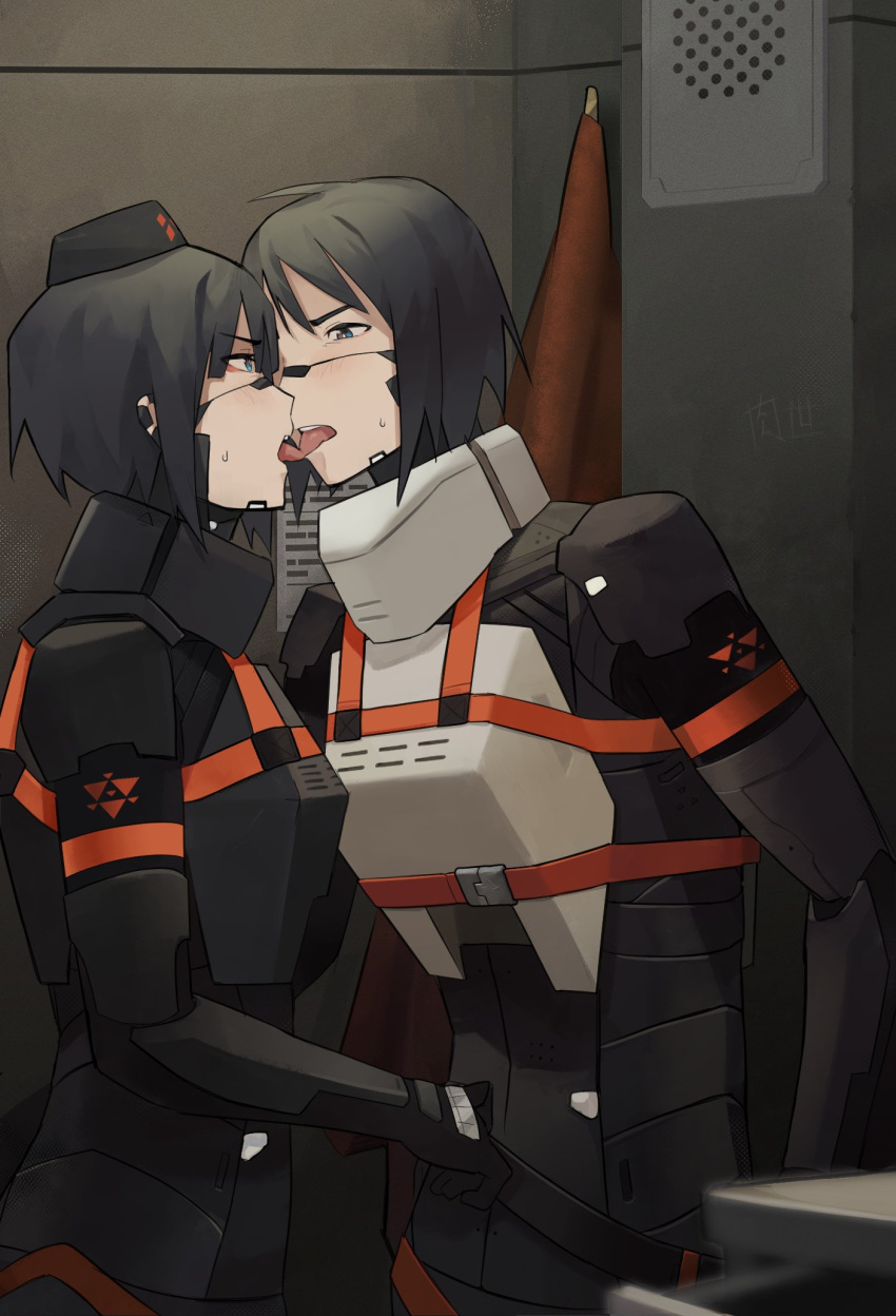 2girls android armor black_hair blue_eyes commentary_request concrete flag french_kiss garrison_cap hat highres joints kissing meatworld9 mechanical_arms multiple_girls robot_joints short_hair signalis speaker star_(signalis) storch_(signalis) sweatdrop tongue tongue_out yuri