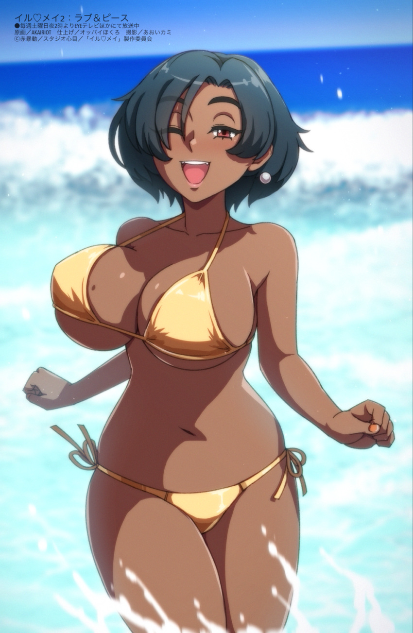 akairiot bikini black_hair blush bouncing_breasts breasts cleavage cover covered_nipples cowboy_shot dark-skinned_female dark_skin day earrings english_commentary fake_cover female gold_bikini hair_over_one_eye highres jewelry large_breasts looking_at_viewer mole mole_on_breast navel ocean one_eye_closed open_mouth original outdoors parody paz_ruiz_(akairiot) red_eyes running short_hair side-tie_bikini_bottom sky smile solo stomach style_parody swimsuit translation_request underboob wading water wet yellow_bikini