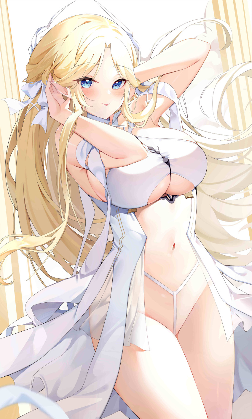 :p absurdres arlene_(ju) arms_up azur_lane bare_arms blonde_hair blue_eyes breasts brest_(azur_lane) cowboy_shot dress elf female floating_hair groin hair_ribbon highres large_breasts long_hair looking_at_viewer navel parted_bangs pointy_ears revealing_clothes ribbon see-through see-through_skirt showgirl_skirt skirt solo stomach thighs tongue tongue_out underboob white_dress white_ribbon