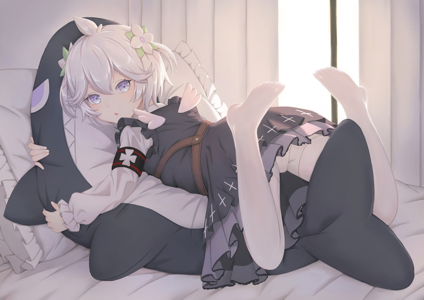 :o ahoge azur_lane belt black_dress blue_eyes brown_belt dress fat123 female flower frilled_dress frilled_pillow frills full_body hair_flower hair_ornament highres holding holding_toy hugging_object indoors legs_up long_sleeves looking_at_viewer looking_to_the_side lying mini_wings official_alternate_costume on_bed on_stomach panties pantyshot pillow short_hair solo stuffed_animal stuffed_shark stuffed_toy toy u-110_(a_cute_sharky_reverie)_(azur_lane) u-110_(azur_lane) underwear white_flower white_hair white_theme white_wings wings