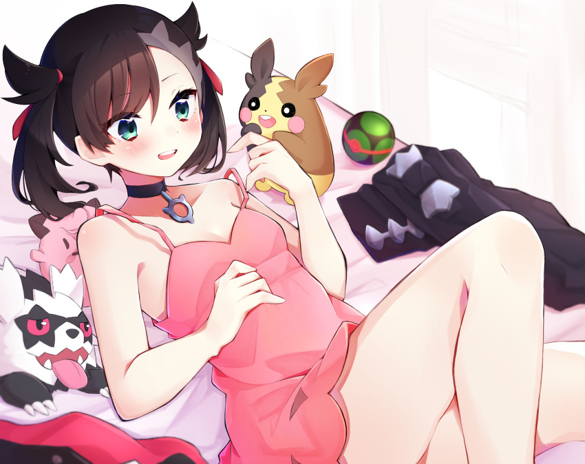 aqua_eyes asymmetrical_bangs asymmetrical_hair bare_arms bare_shoulders black_choker black_hair black_jacket blush breasts choker clefairy collarbone commentary dress dusk_ball earrings eringikinono female galarian_zigzagoon hair_ribbon highres jacket jewelry long_sleeves lying marnie_(pokemon) medium_hair morpeko morpeko_(full) on_back open_clothes pink_dress poke_ball pokemon pokemon_(creature) pokemon_swsh red_ribbon ribbon small_breasts stuffed_toy tongue tongue_out twintails unworn_jacket