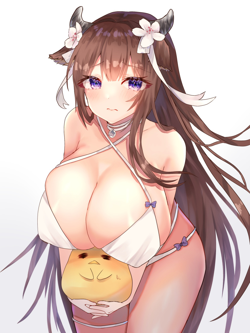 absurdres animal_ears azur_lane bikini breast_rest breasts breasts_on_head brown_hair cow_ears cow_girl cow_horns criss-cross_halter female flower hair_flower hair_ornament halterneck highres horns huge_breasts kashino_(azur_lane) kashino_(hot_springs_relaxation)_(azur_lane) long_hair looking_at_viewer manjuu_(azur_lane) multi-strapped_bikini_bottom official_alternate_costume purple_eyes simple_background sino_rameko solo swimsuit very_long_hair white_background white_bikini white_flower