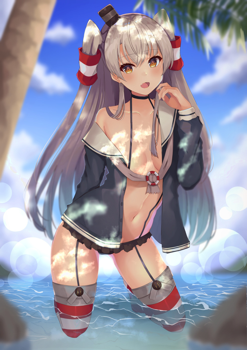 absurdres amatsukaze_(kancolle) beach black_panties blue_sky blush breasts brown_dress brown_eyes cloud day dress female garter_straps hair_tubes hairband highres kantai_collection long_hair looking_at_viewer ocean oerba_yun_fang open_clothes open_mouth outdoors palm_tree panties sailor_dress shiina_aoi short_dress sitting skin_fang sky small_breasts smile solo striped_clothes striped_thighhighs thighhighs tree two_side_up underwear