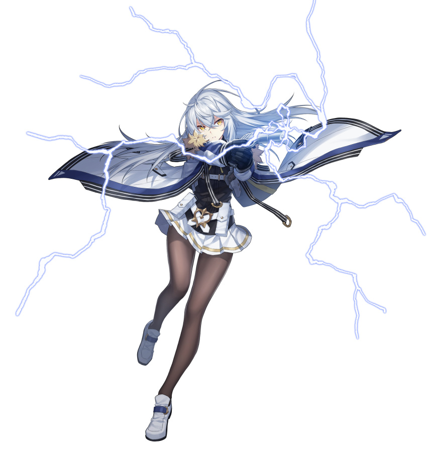 aiming belt black_gloves counter:side electricity female full_body fur_trim gaeun_(counter:side) gloves gun handgun highres holding holding_gun holding_weapon holster holstered jacket long_hair long_sleeves m1911 pantyhose pleated_skirt pointing_weapon skirt solo weapon white_background white_hair yellow_eyes