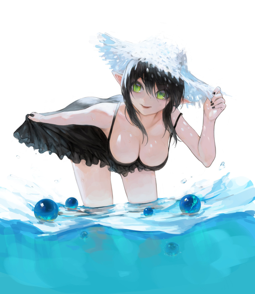 absurdres afloat bad_id bad_twitter_id black_dress black_nails breasts cleavage commentary downblouse dress egk513 female green_eyes hat highres medium_breasts original pointy_ears sidelocks skirt_hold smile solo straw_hat symbol-only_commentary thighs traditional_media wading water