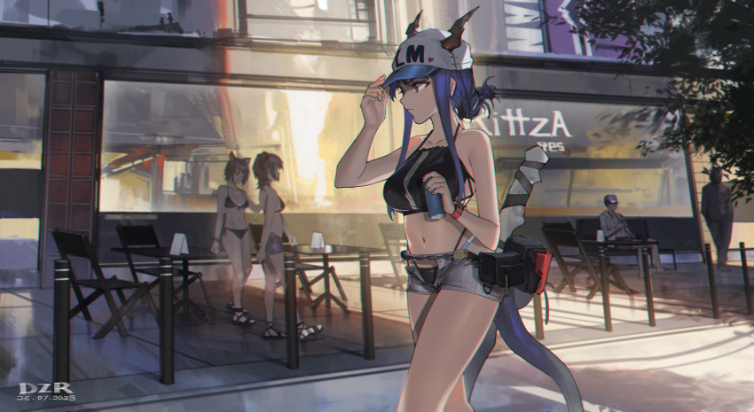 2boys 3girls absurdres adjusting_clothes adjusting_headwear arknights baseball_cap bikini black_bikini blue_hair breasts can ch'en_(arknights) chair danzir dragon_horns dragon_tail female_tourist_c_(arknights) hat highres horns horns_through_headwear large_breasts multiple_boys multiple_girls navel pouch red_eyes short_shorts shorts sitting solo_focus swimsuit table tail