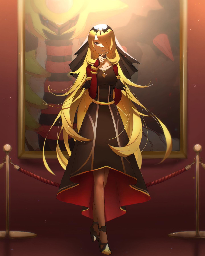 blonde_hair brown_legwear collarbone commentary cynthia_(pokemon) cynthia_(sygna_suit)_(renegade)_(pokemon) drawing_(object) dress female full_body giratina giratina_(altered) grey_eyes hair_ornament hair_over_one_eye hand_up high_heels highres kurono_(wotochia) long_hair looking_at_viewer official_alternate_costume parted_lips pokemon pokemon_masters_ex rope smile standing very_long_hair