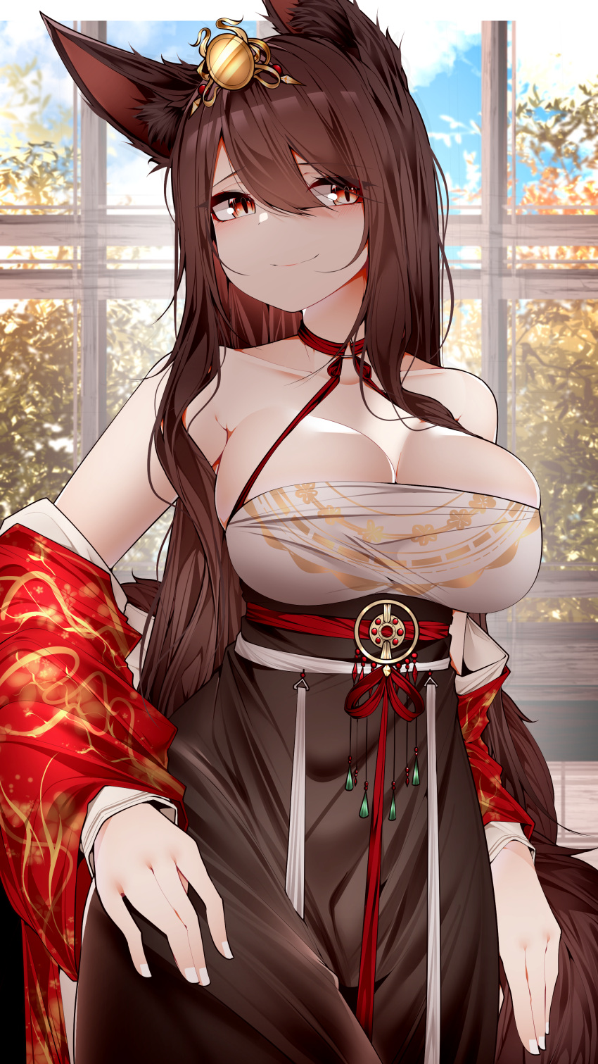 absurdres akagi_(azur_lane) akagi_(dawn_phoenix's_summons)_(azur_lane) animal_ears azur_lane blush breasts brown_hair cleavage female fox_ears fox_girl hair_ornament highres huge_breasts japanese_clothes jewelry kimono long_hair official_alternate_costume samip smile solo very_long_hair