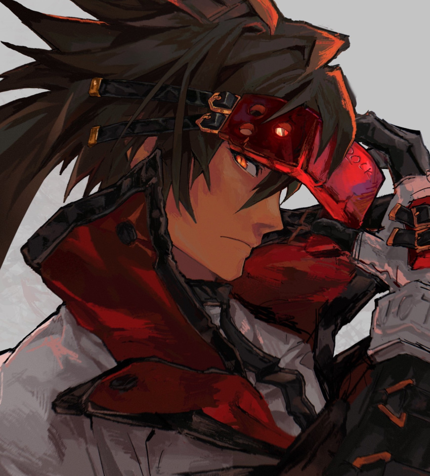 1boy belt brown_eyes brown_hair concrete english_text found_modori from_side gloves guilty_gear guilty_gear_xx hair_between_eyes hair_over_one_eye headband highres holding holding_weapon huge_weapon long_hair looking_to_the_side male_focus multiple_belts open_mouth order-sol ponytail profile red_headwear slit_pupils sol_badguy solo upper_body very_long_hair weapon white_gloves