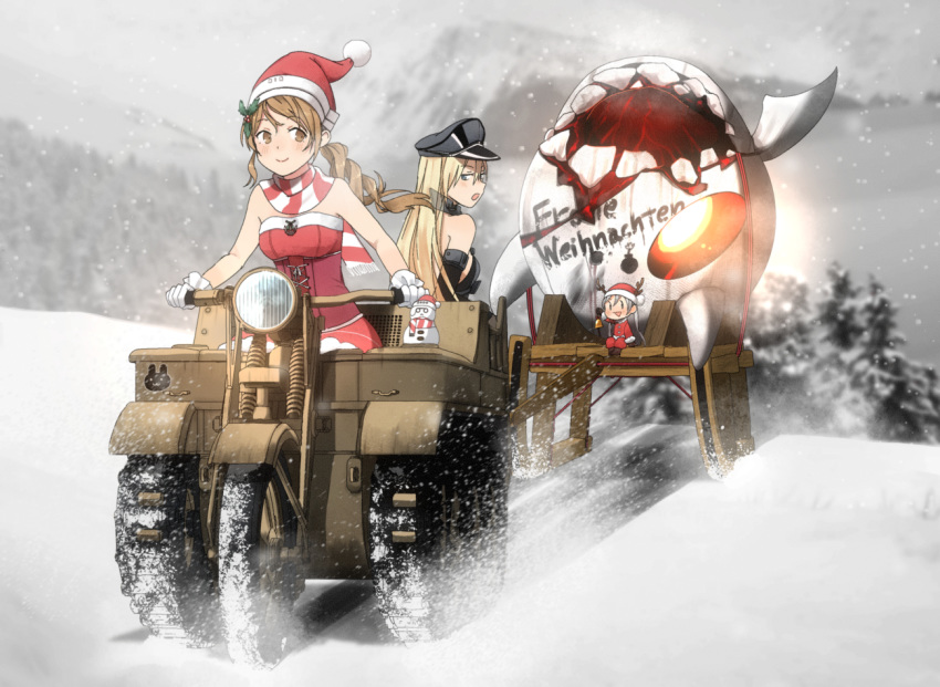 3girls abyssal_ship annin_musou antlers bad_id bad_pixiv_id bare_shoulders bell bismarck_(kancolle) blonde_hair blue_eyes blush brown_eyes brown_gloves brown_hair christmas commentary_request detached_sleeves driving duplicate enemy_aircraft_(kancolle) fairy_(kancolle) fringe_trim fur_trim german_text glasses gloves grey_hair ground_vehicle hair_between_eyes hat horns kantai_collection kettenkrad littorio_(kancolle) long_hair merry_christmas military military_uniform motor_vehicle multiple_girls open_mouth peaked_cap pince-nez pixel-perfect_duplicate pom_pom_(clothes) reindeer_antlers roma_(kancolle) santa_costume santa_hat scarf smile snow snowing snowman striped_clothes striped_scarf the_roma-like_snowman uniform white_gloves