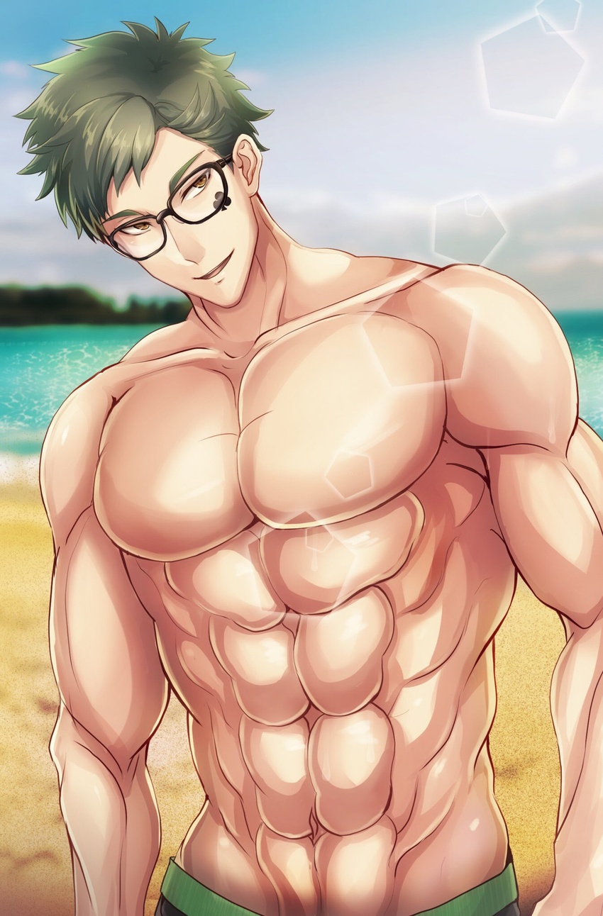 1boy abs card glasses green_hair highres male_focus male_swimwear muscular muscular_male natoupst open_mouth pectorals short_hair smile swim_trunks topless_male trey_clover twisted_wonderland yellow_eyes