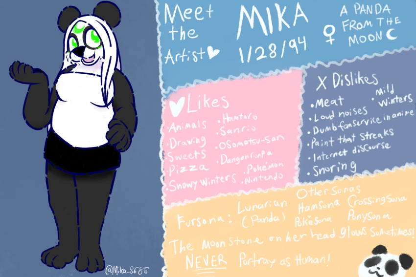 3:2 anthro barefoot bear black_body black_fur black_nose bottomwear clothing english_text feet female fur fur_markings giant_panda green_eyes hair head_markings lunarpanda8686 mammal markings meet_the_artist mika_(lunarpanda8686) open_mouth round_ears simple_background skirt sleeveless_shirt slightly_chubby solo text white_body white_fur white_hair