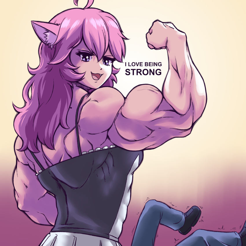 1:1 2020 absurd_res ahoge ambiguous_gender animal_humanoid biceps black_clothing cat_humanoid clothed clothing cute_fangs dialogue duo english_text felid felid_humanoid feline feline_humanoid female flexing footwear gradient_background hair hi_res humanoid inner_ear_fluff long_hair looking_at_viewer looking_back mammal mammal_humanoid muscular nyanners pink_eyes pink_hair plagueofgripes rear_view shoes simple_background smug solo_focus text tuft vshojo vtuber white_clothing youtube youtuber