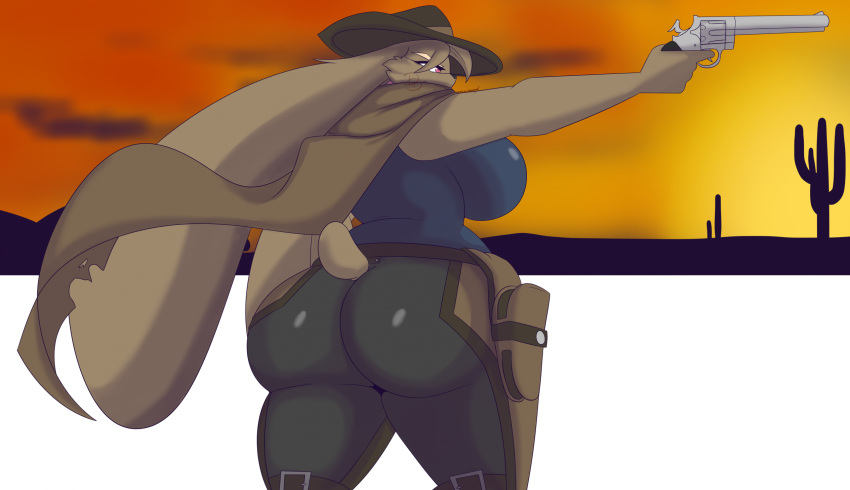 2023 anthro ass back_boob big_breasts big_butt blue_clothing blue_topwear breasts brown_body brown_clothing brown_fur brown_hair brown_hat brown_headwear brown_scarf butt_focus clothing cowboy_hat dewwydarts female fur gun hair handgun hat headgear headwear hi_res holding_gun holding_handgun holding_object holding_ranged_weapon holding_revolver holding_weapon holster huge_butt lagomorph leporid long_ears lucy_(dewwydarts) mammal pink_eyes rabbit ranged_weapon revolver scarf solo standing thick_thighs topwear weapon wild_west