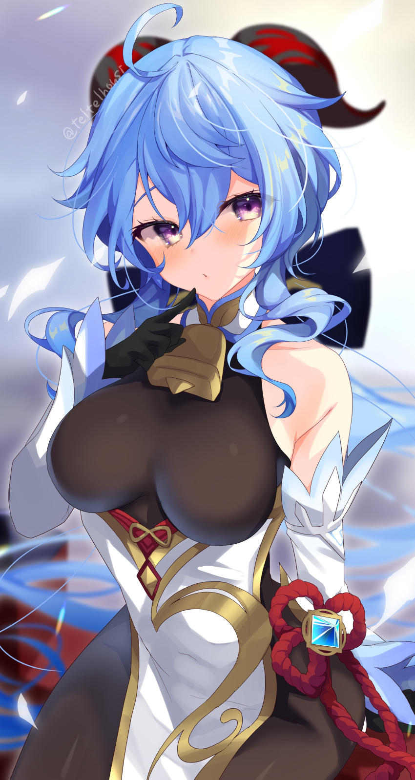 absurdres ahoge artist_name bad_id bad_twitter_id bare_shoulders bell black_gloves black_legwear blue_hair blush bow breasts chinese_knot detached_sleeves female finger_to_mouth flower_knot ganyu_(genshin_impact) genshin_impact gloves gold_trim highres horns large_breasts long_hair multicolored_eyes neck_bell parted_lips purple_eyes red_rope rope sidelocks sitting solo teltelhousi twitter_username vision_(genshin_impact) white_sleeves