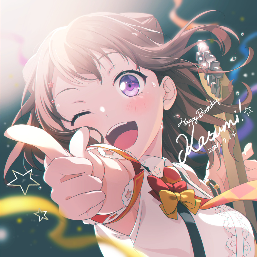 ;d absurdres bang_dream! blurry blurry_background blush bow bracelet breasts brown_hair character_name commentary confetti dated electric_guitar english_commentary english_text female guitar hair_ornament happy_birthday highres holding holding_instrument instrument jewelry looking_at_viewer medium_breasts medium_hair multicolored_bow necktie nobusawa_osamu one_eye_closed open_mouth orange_bow pointing pointing_forward purple_eyes red_bow shirt sidelocks sleeveless sleeveless_shirt smile solo star_(symbol) star_hair_ornament streamers suspenders sweat teeth toyama_kasumi upper_body upper_teeth_only white_shirt yellow_bow