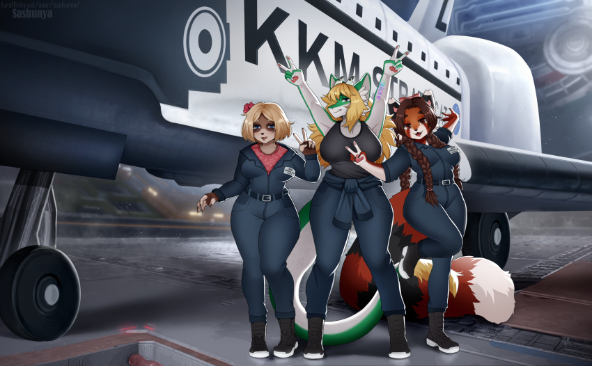 2022 anthro big_breasts breasts clothing coveralls detailed_background digital_media_(artwork) female fur group hair hi_res looking_at_viewer machine mammal nasa open_mouth sasha_(sashunya) sashunya space_shuttle spacecraft species_request trio vehicle