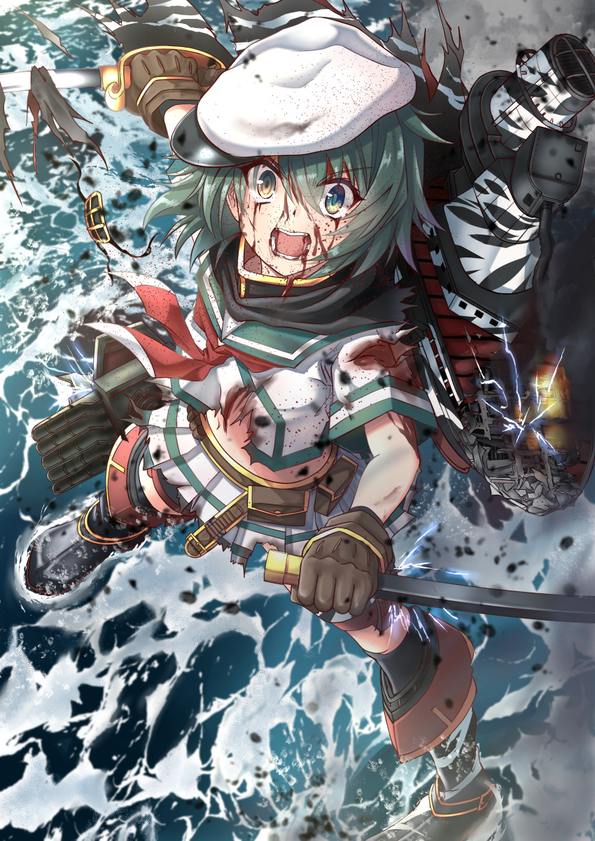 absurdres blood blood_on_face cannon cape cutlass damaged eyepatch female from_above green_eyes green_hair hat highres holding holding_sheath holding_sword holding_weapon kantai_collection kiso_(kancolle) kiso_kai_ni_(kancolle) miniskirt navel open_mouth pleated_skirt rigging sailor_hat scabbard school_uniform serafuku sheath short_hair skirt smokestack solo standing standing_on_liquid sword torn_cape torn_clothes torn_skirt torpedo_tubes turret unsheathed unworn_eyepatch water waves weapon white_skirt yaegashi_(muzzuleflash)