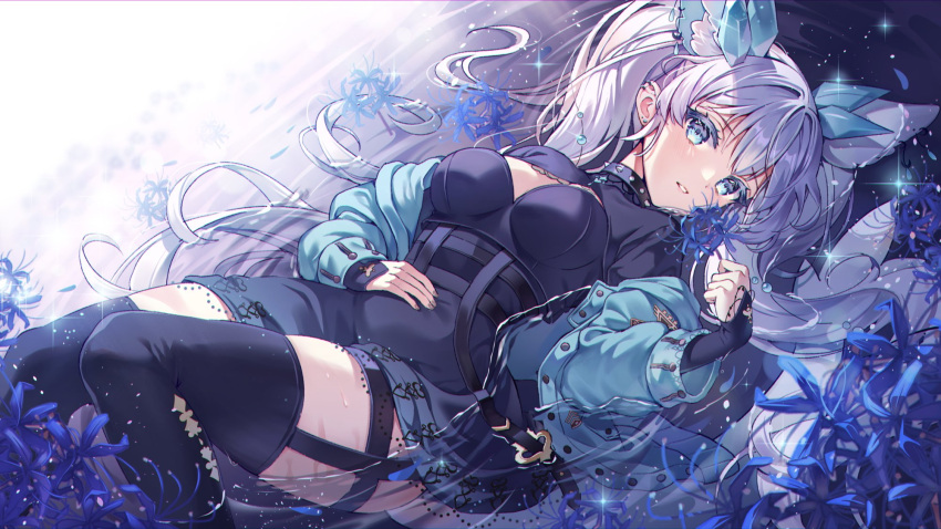 black_thighhighs blue_eyes breasts ear_piercing edenia_euclase female flower hair_ornament highres indie_virtual_youtuber long_hair looking_at_viewer lying medium_breasts on_back open_mouth piercing pongu solo thighhighs twintails virtual_youtuber water white_hair