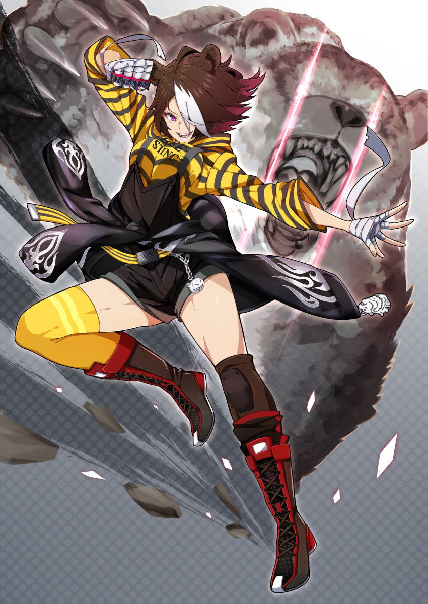 absurdres animal_ears arknights bandaged_hand bandages bear bear_ears beehunter_(arknights) beehunter_(elite_ii)_(arknights) belt belt_buckle black_shorts black_sweater brown_footwear brown_hair buckle chains charm_(object) cno fangs female fingernails highres holding holding_weapon knee_pads multicolored_hair open_mouth pink_hair purple_eyes shorts smile solo spiked_knuckles sweater teeth thighhighs tongue weapon white_hair yellow_thighhighs