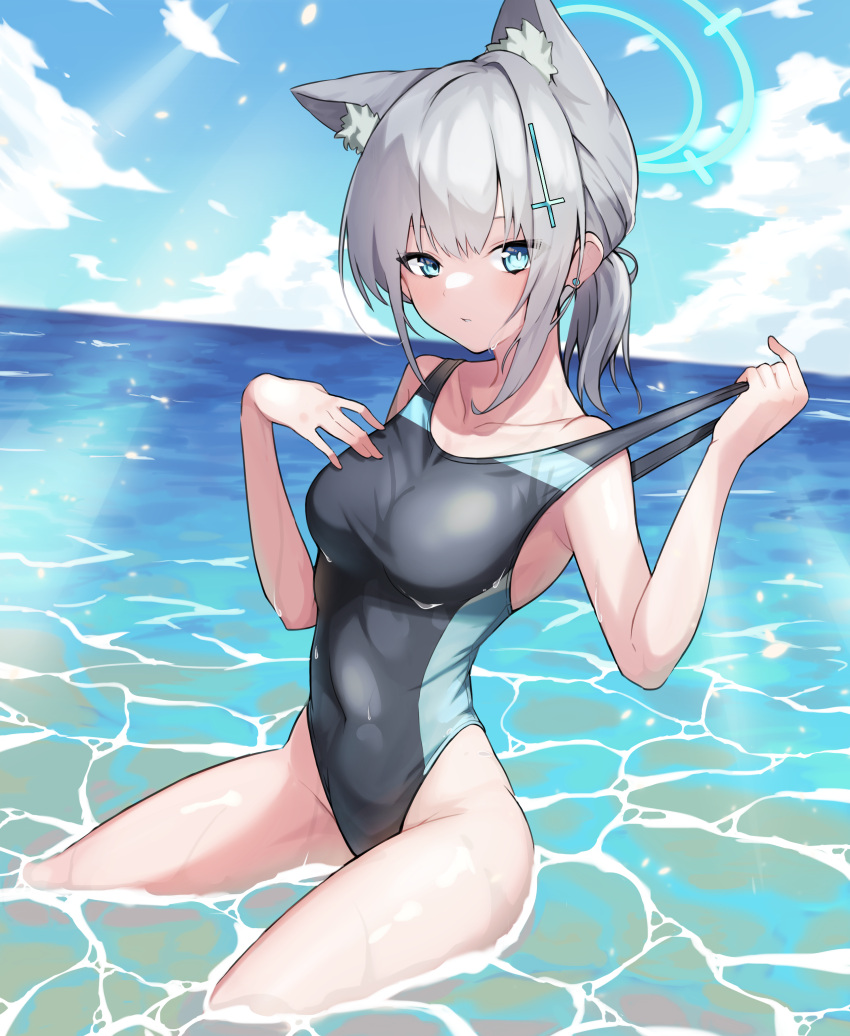 absurdres animal_ear_fluff animal_ears black_one-piece_swimsuit blue_archive blue_eyes blue_sky breasts clothes_pull cloud competition_swimsuit covered_navel cross_hair_ornament day extra_ears female grey_hair hair_ornament halo highres horizon looking_at_viewer low_ponytail medium_breasts medium_hair mismatched_pupils monukeke multicolored_clothes multicolored_swimsuit ocean official_alternate_costume one-piece_swimsuit one-piece_swimsuit_pull outdoors shiroko_(blue_archive) shiroko_(swimsuit)_(blue_archive) sitting sky solo swimsuit wolf_ears