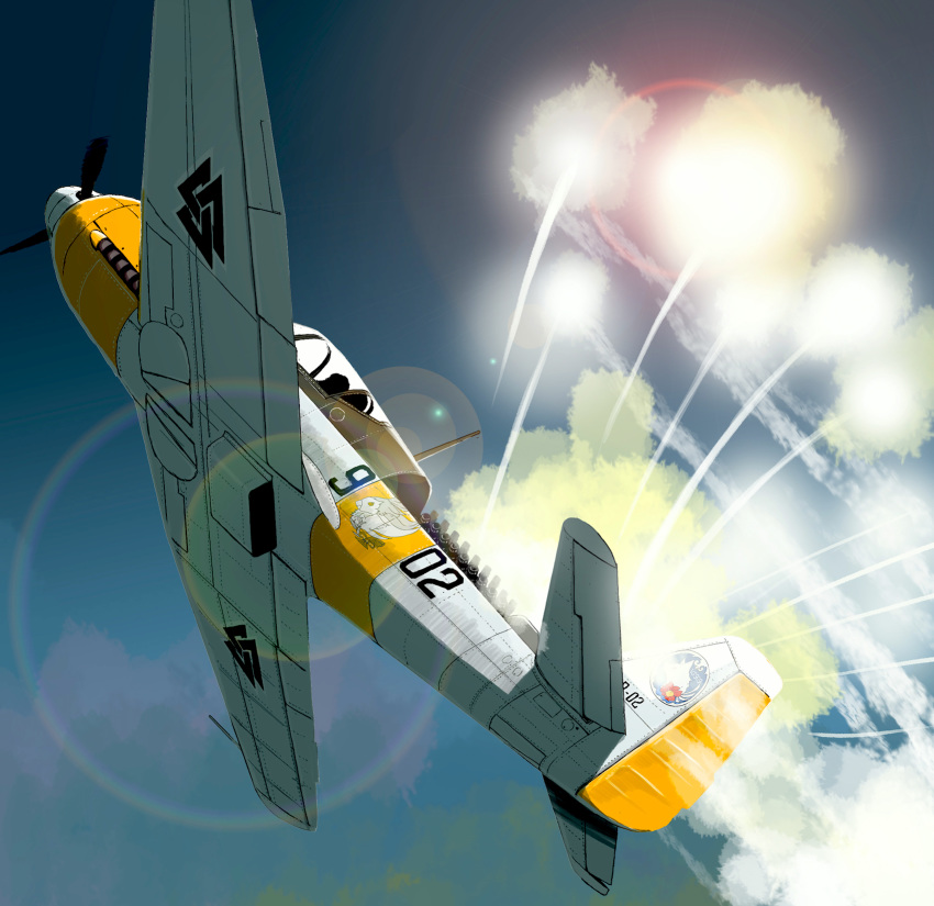 aircraft airplane cloud flare flying highres lens_flare matsuda_juukou military military_vehicle no_humans propeller senyoku_no_sigrdrifa sky solo vehicle_focus