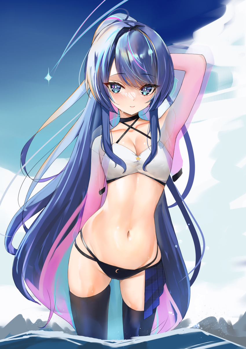 absurdres arm_up armpits bikini black_bikini black_choker black_thighhighs blue_eyes blue_hair blue_sky breasts choker cleavage closed_mouth cloud collarbone criss-cross_halter day female floating_hair halterneck hand_in_own_hair highres indie_virtual_youtuber long_hair looking_at_viewer lowleg lowleg_bikini mismatched_bikini multi-strapped_bikini multicolored_hair nana_asteria navel outdoors pink_hair rifufu skindentation sky small_breasts smile solo swimsuit thighhighs tsurime very_long_hair virtual_youtuber wading white_bikini